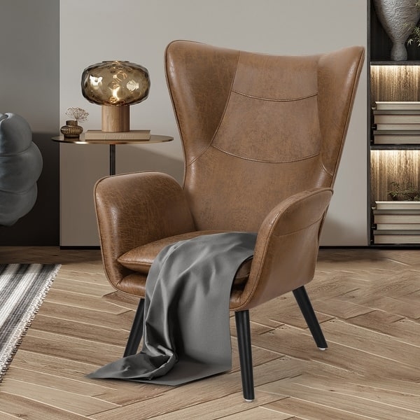 Mid-Century Wingback Chair in Cognac with Horizontal Stitching