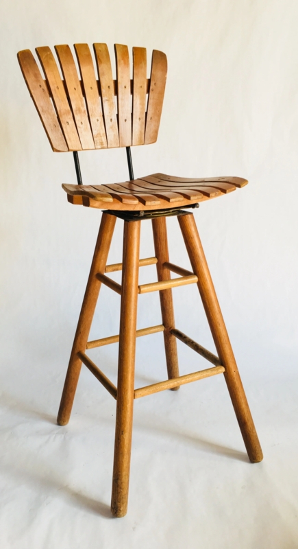 Mid-Century Wooden Bar Stool with Fan-Shaped Slat Back