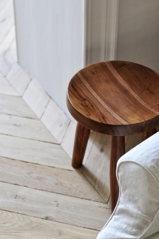 Milk Stool Walnut Brown Round Seat Three Legged Tapered Legs Organic Modern