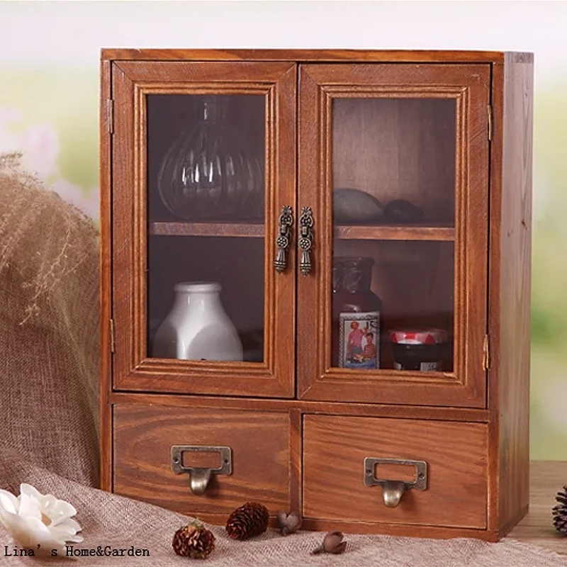 Mini Cabinet with Glass Paned Doors and Antique Ornate Hardware