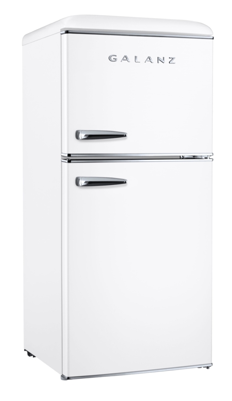 Mini Fridge Dual Door Design in Glossy White with Chrome Handles