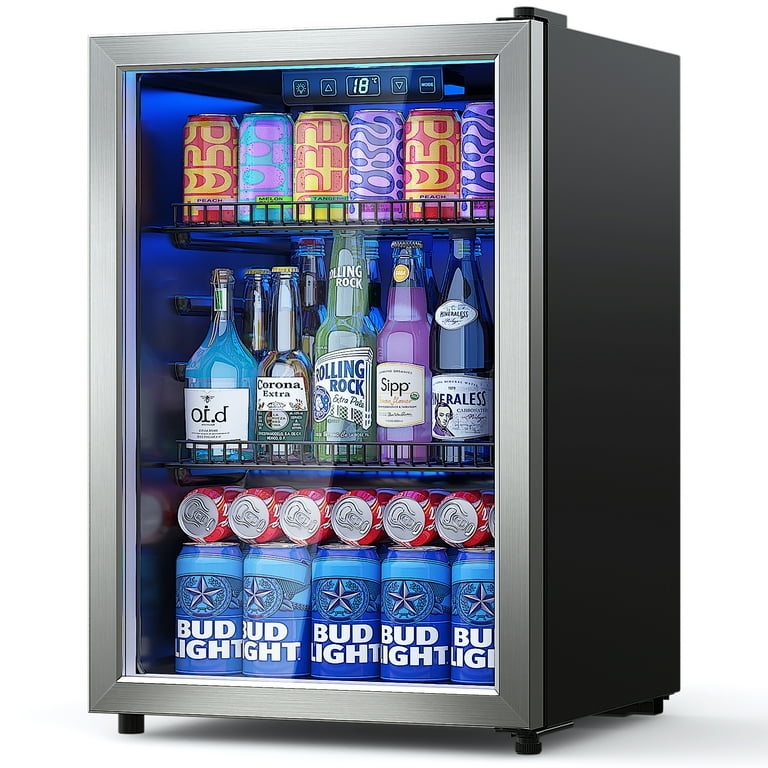 Mini Fridge Glass Door Stainless Steel Frame Blue LED Digital Display