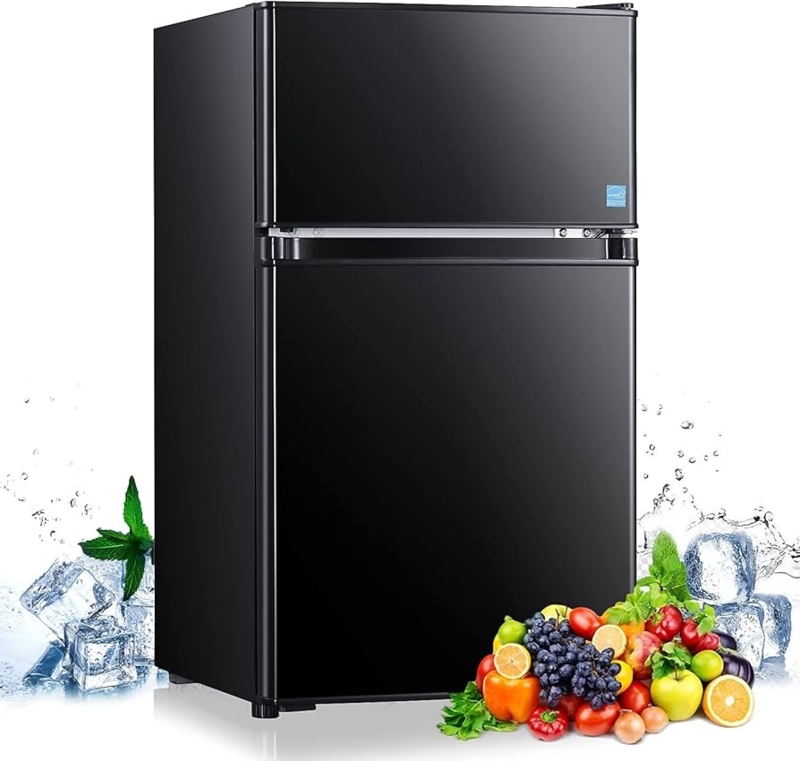 Mini Fridge Glossy Black Two Door Recessed Handles Modern Office