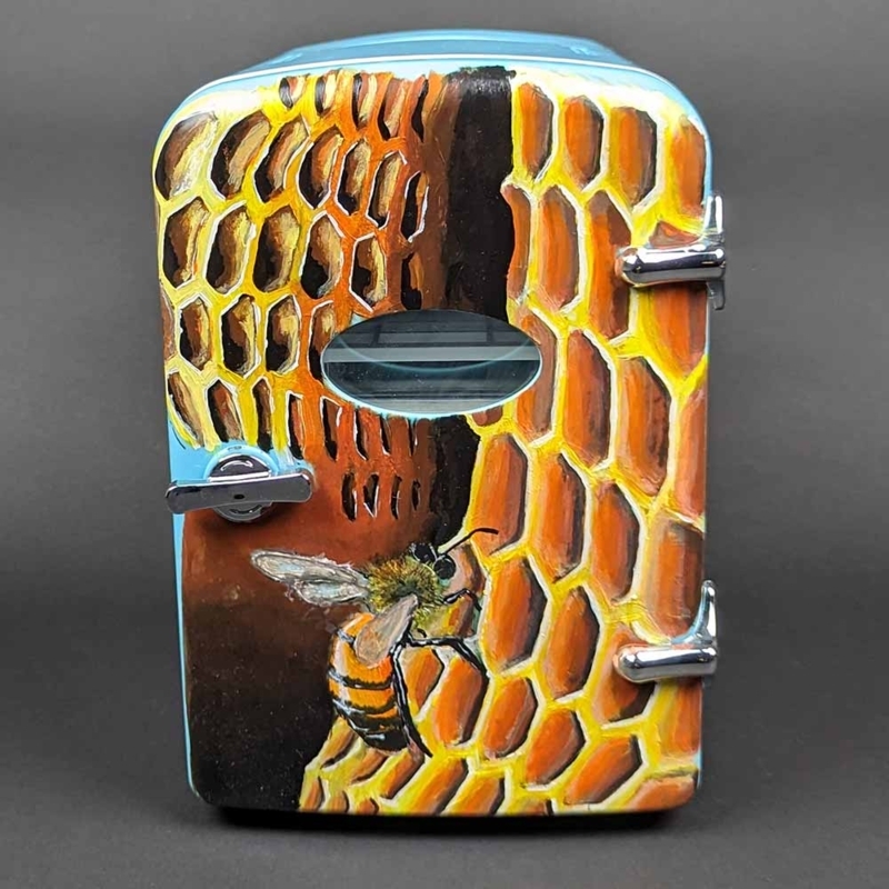 Mini Fridge Hand-Painted Honeycomb Bee Illustration Chrome Latch