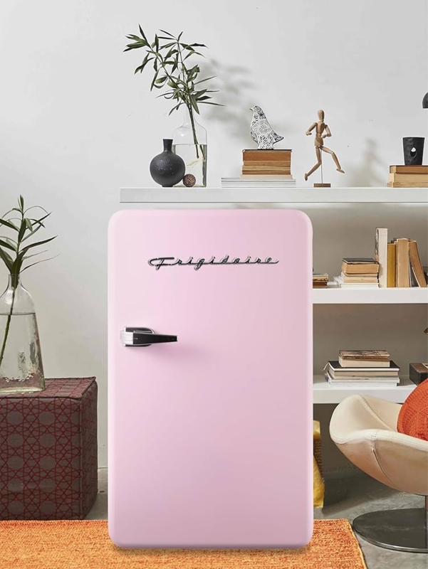 Mini Fridge in Matte Pastel Pink with Retro Logo and Rounded Corners