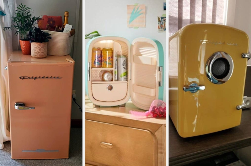 Mini Fridge Retro Mustard Yellow Glossy Finish Chrome Handle Colorful