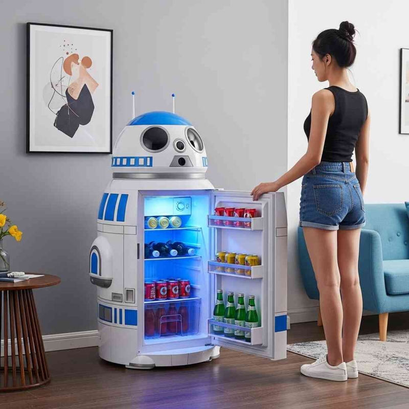 Mini Fridge Robotic Form Arctic White Cobalt Blue Pop Culture Novelty