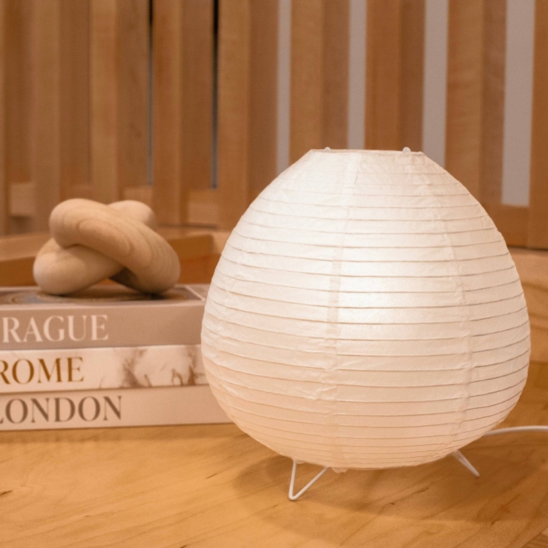 Mini Rice Paper Lamp, Spherical Orb Silhouette on Tripod Wire Base