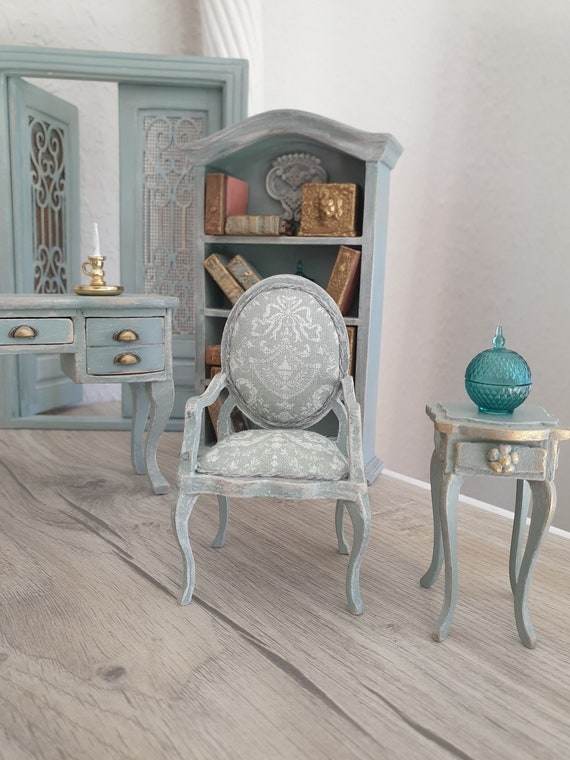 Miniature Armchair Damask Pattern Ornate Carving 1/12 Scale French