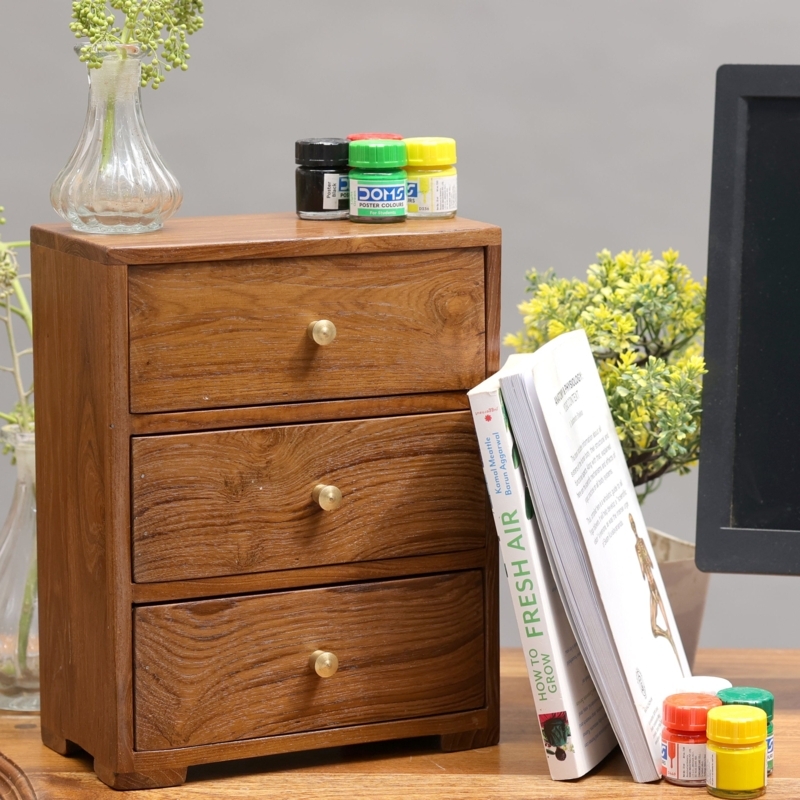 Miniature Chest Desktop Organizer Warm Wood Brass Knobs Compact