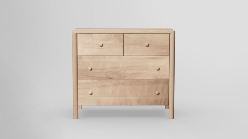 Minimalist 4 drawer chest with cylindrical legs in blonde wood