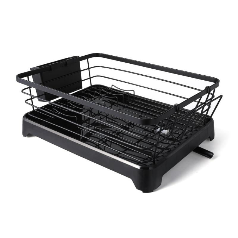 Minimalist Black Metal Wireframe Dish Rack with Plastic Drip Tray