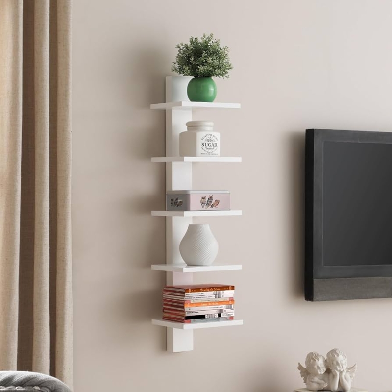 Minimalist Book Tower: White Cantilevered Spine Shelf for Narrow Spaces