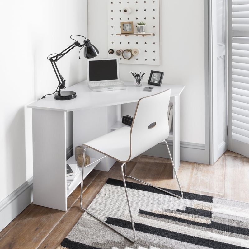 Minimalist Corner Desk with Integrated Open Shelving for Storage
