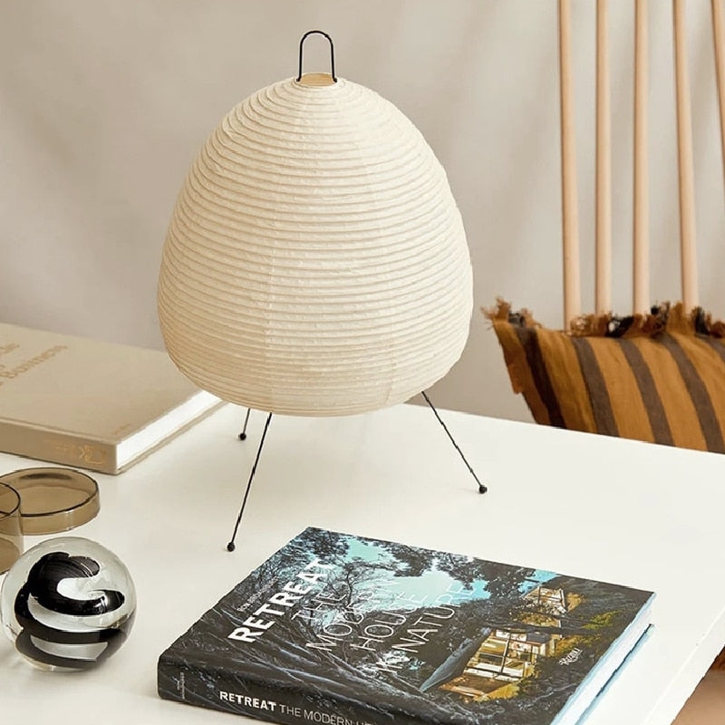Minimalist Egg Lamp with Ribbed Rice Paper Shade and Tripod Legs