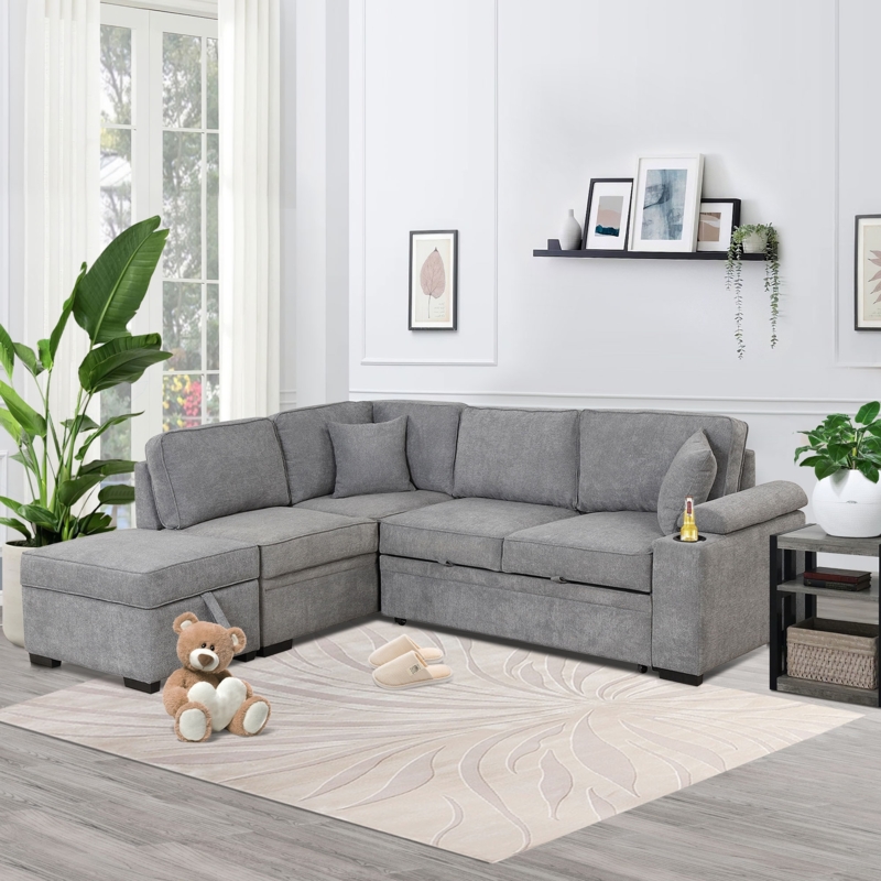 Minimalist L-Shaped Sleeper Sectional with Storage Ottoman
