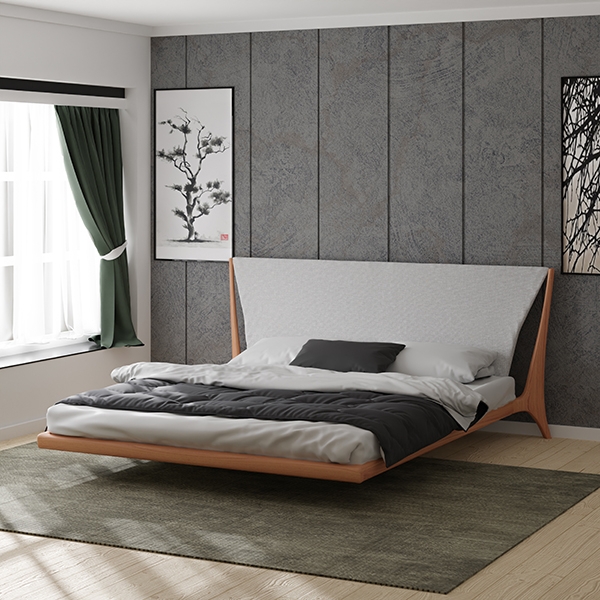 Minimalist Platform Bed Floating Base Winged Headboard
