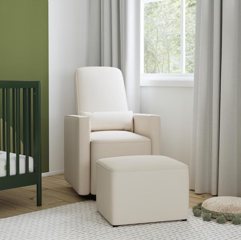 Minimalist Recliner Chair & Ottoman: Cream White Fabric Track Arms