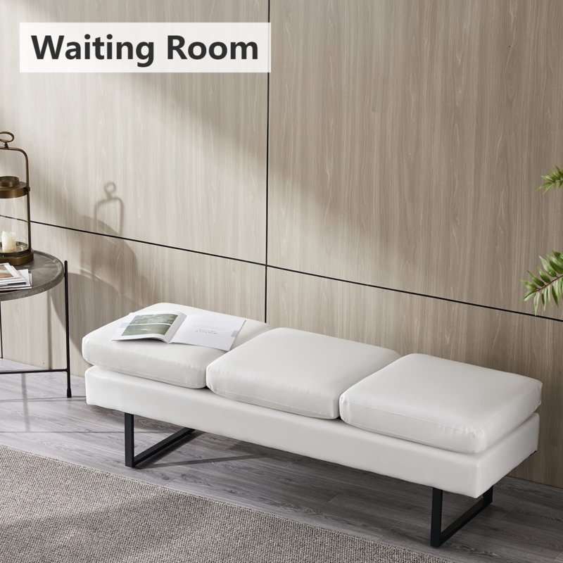 Minimalist Sled Bench White Faux Leather Three Cushion Modern Reception