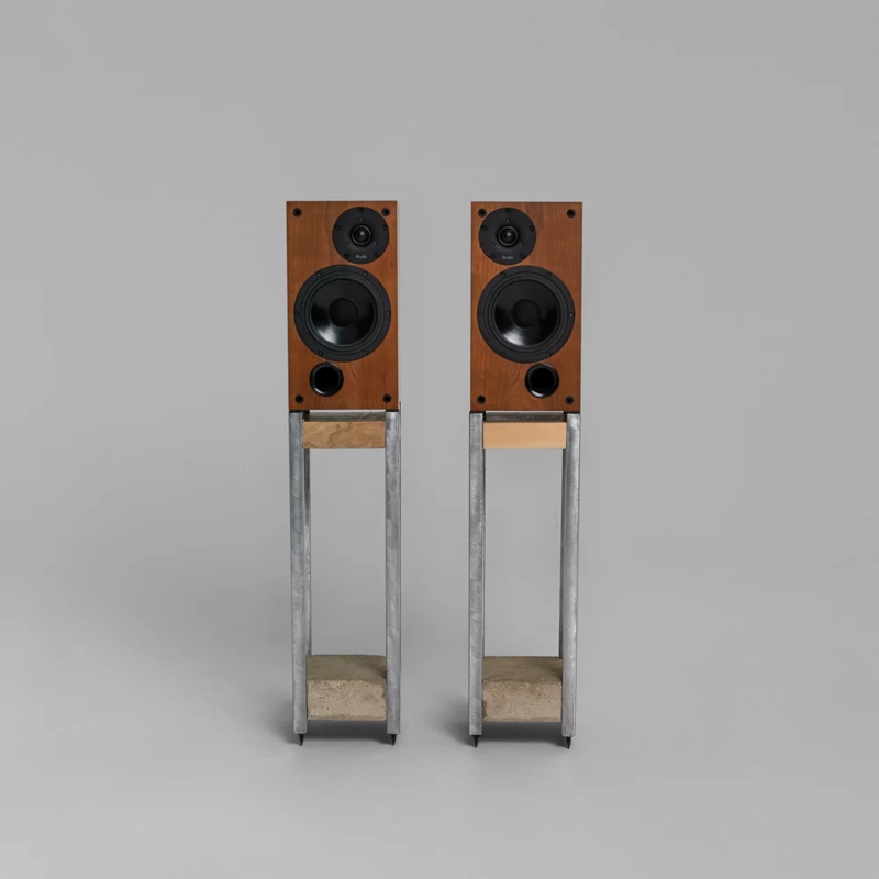 Minimalist Slim Audio Stands with Industrial Grey Frame and Stone Base