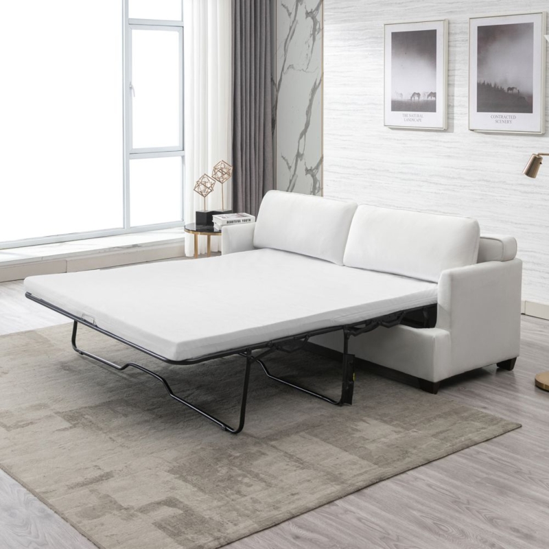 Minimalist Sofa Bed with Track Arms in White Upholstery