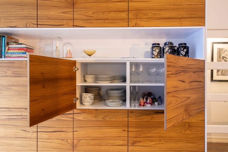 Minimalist Teak Wall Cabinet with Handleless Grain-Matched Doors