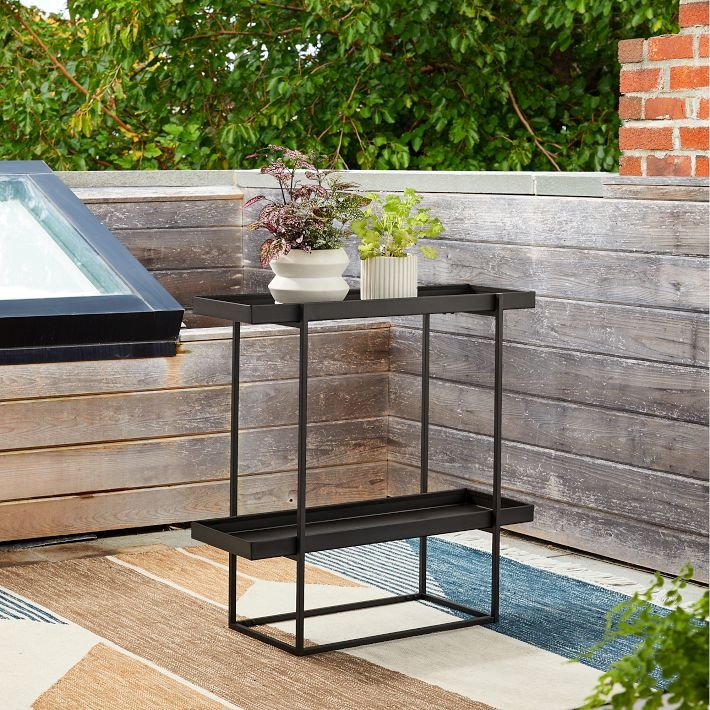 Minimalist Two-Tier Plant Stand with Matte Black Tray Style Shelves