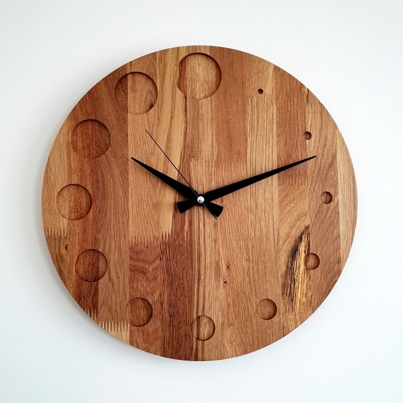 Minimalist Wall Clock Oak Geometric Carvings Recessed Markers