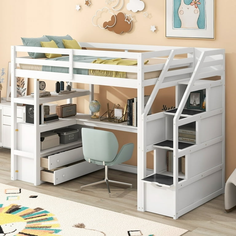 Minimalist White Loft Bed with Storage Stairs and Desk