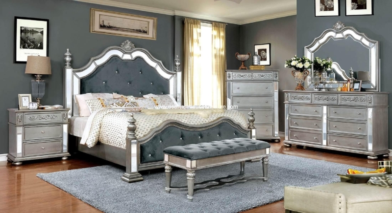 Mirrored Bedroom Set Border Insets & Tufted Charcoal Bed