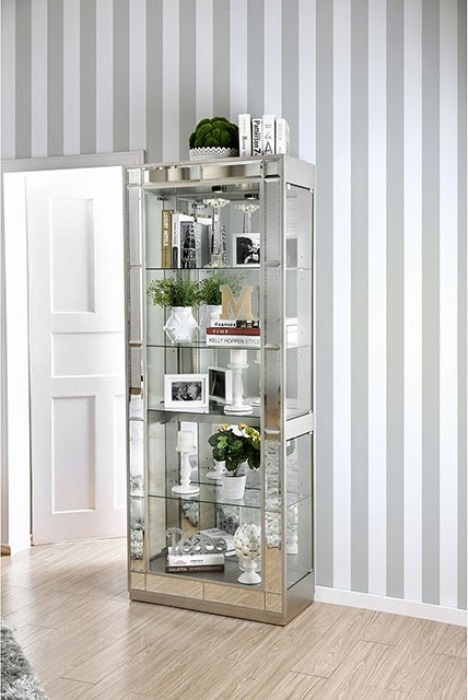 Mirrored Curio Cabinet Chrome Accents Glass Shelves Silver Storage