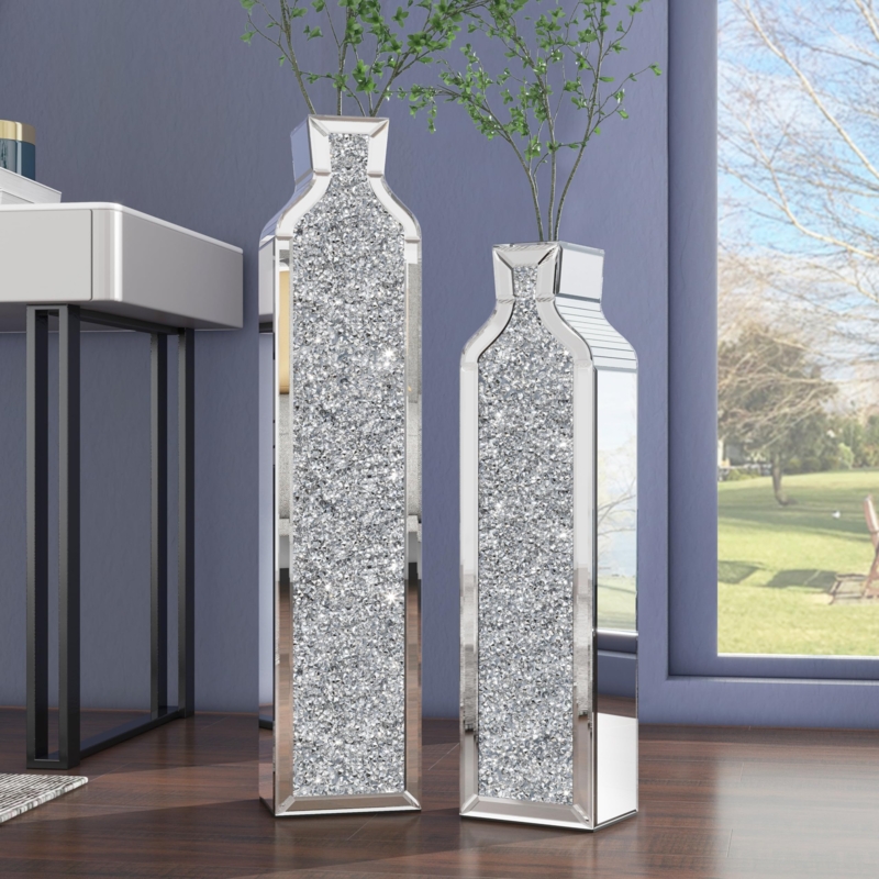 Mirrored Floor Vases: Staggered Heights Crushed Diamond Set