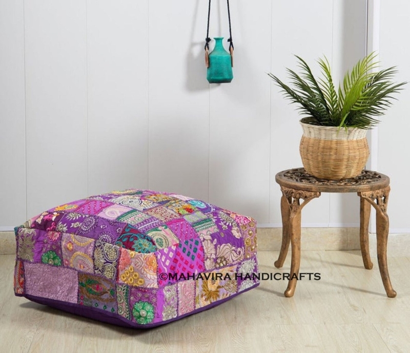 Mirrored Patchwork Decor Pouf: Bohemian Embroidery & Piping Trim