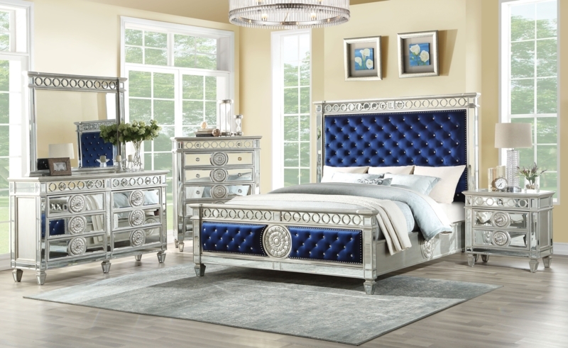 Mirrored Silver Bedroom Set with Blue Velvet Tufting & Accents