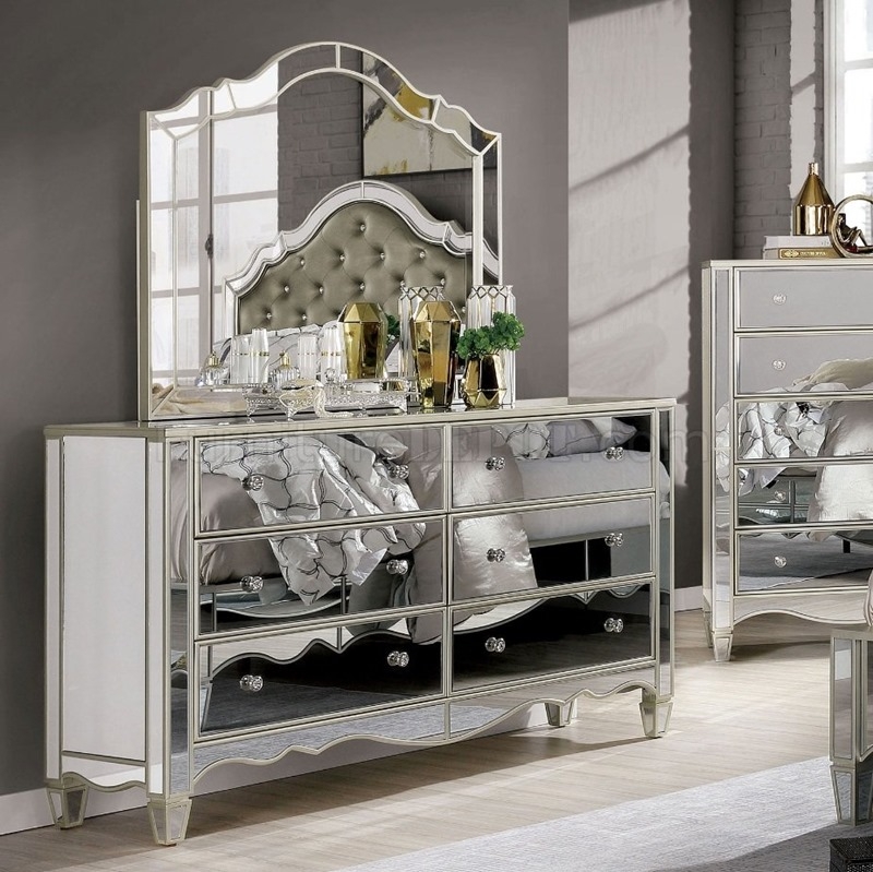 Mirrored Silver Dresser Set with Scalloped Apron & Arched Mirror