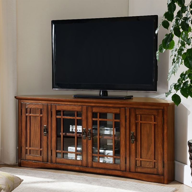 Mission Oak Corner TV Stand featuring Mission Mullions and Four Doors