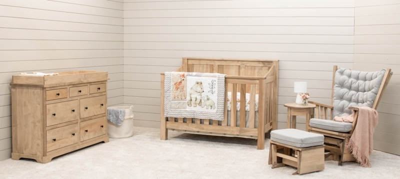 Mission Slats Nursery Furniture Set in Light Wood Tone with Tufted Glider