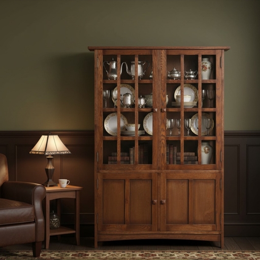 Mission Style China Cabinet with Mullioned Glass Doors in Oak
