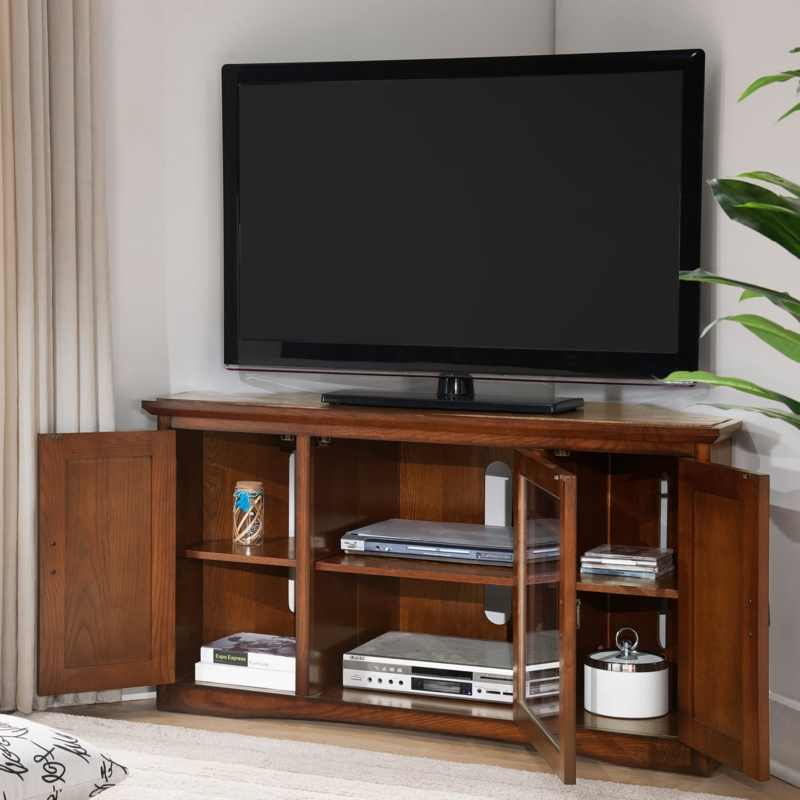Mission Style Corner TV Stand with Glass Cabinet Door in Warm Oak