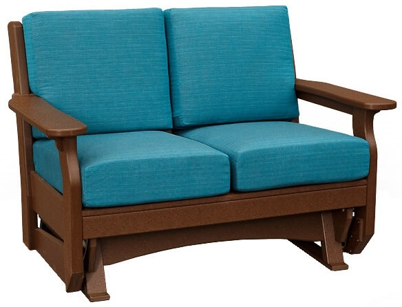 Mission Style Outdoor Glider with Wood Toned Frame and Teal Blue Cushions