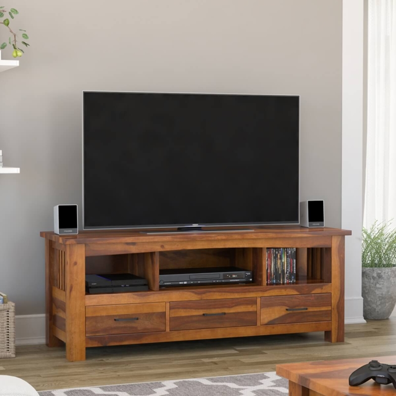Mission Style TV Stand with Slat Side Panels in Honey Brown