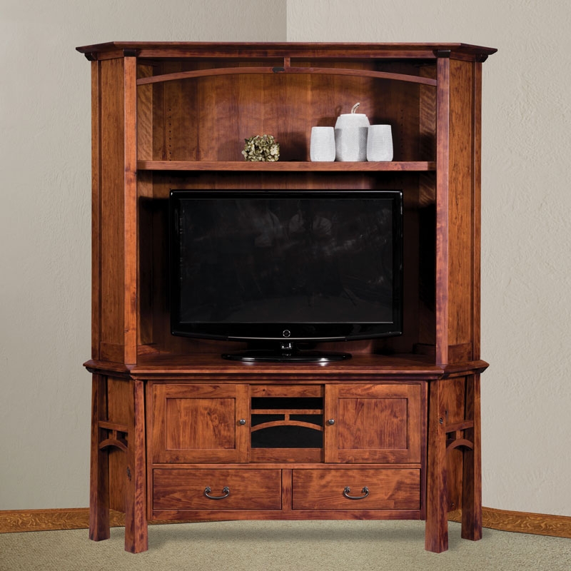 Mission Style Wooden TV Stand: Corner Hutch with Arched Top Rail & Slats