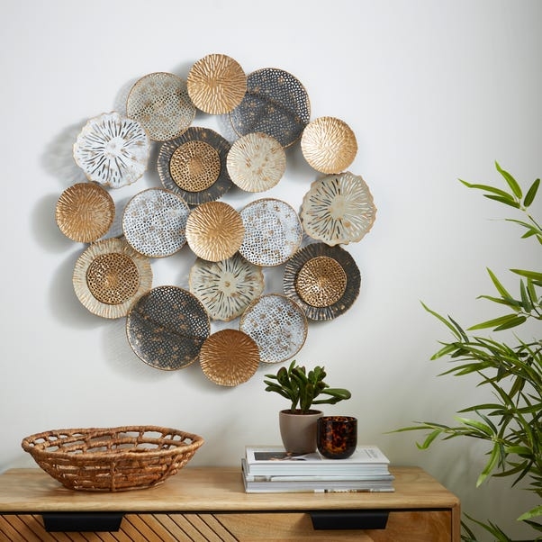 Mixed Metal Wall Art with Filigree Patterns and Overlapping Disks