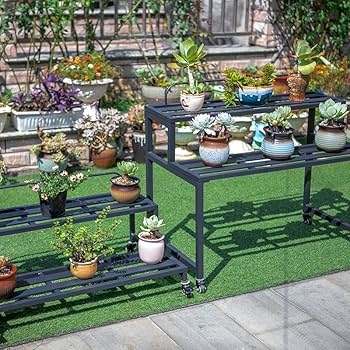Mobile Aluminum Plant Stand with Tiered Slatted Shelves