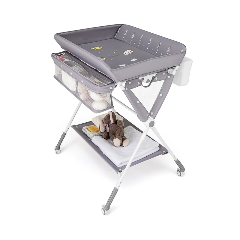 Mobile Baby Changing Table, Grey Fabric, Integrated Ruler, Folding X-Frame