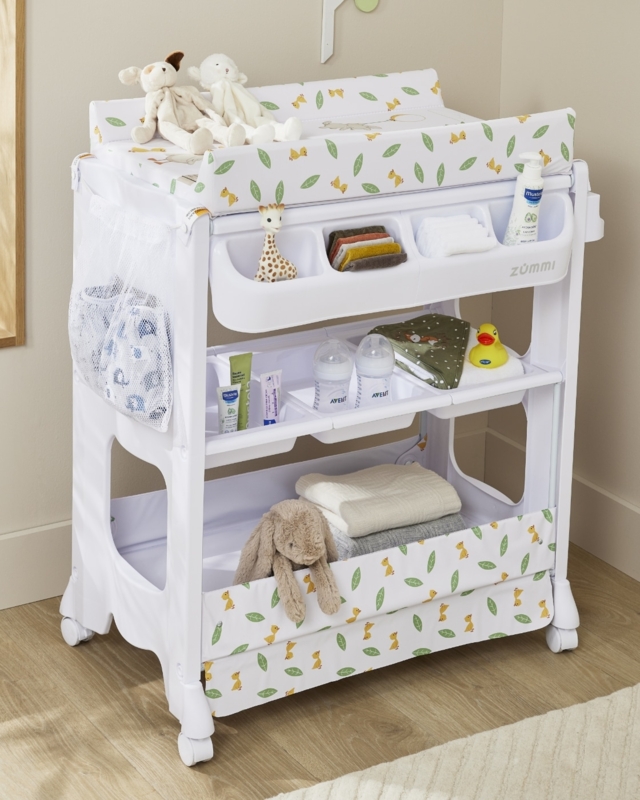 Mobile Changing Table, White, Molded Organizer Trays, Botanical Accents