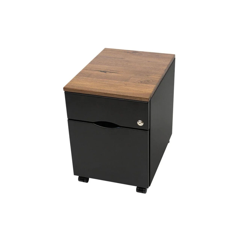 Mobile File Cabinet Solid Wood Top Matte Black Locking Storage