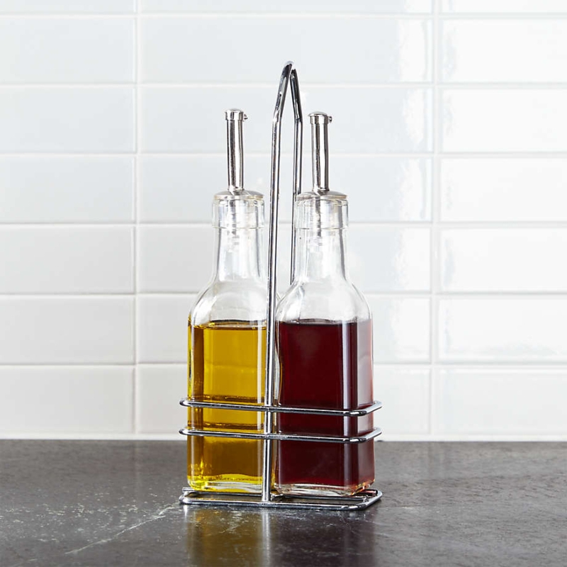 Modern 2-Piece Cruet Set with Polished Silver Wire Carrier