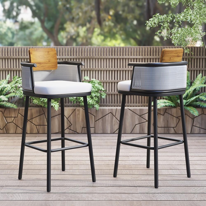 Modern Aluminum Bar Stools featuring Teak Back Panel and Ribbed Rope
