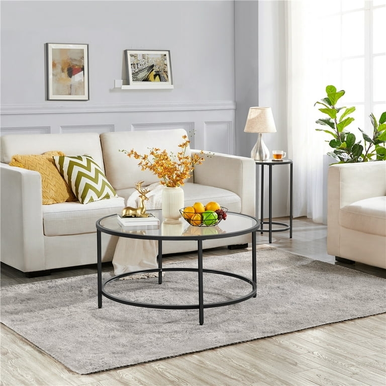 Modern Black Metal Coffee Table Round Glass Circular Base Ring